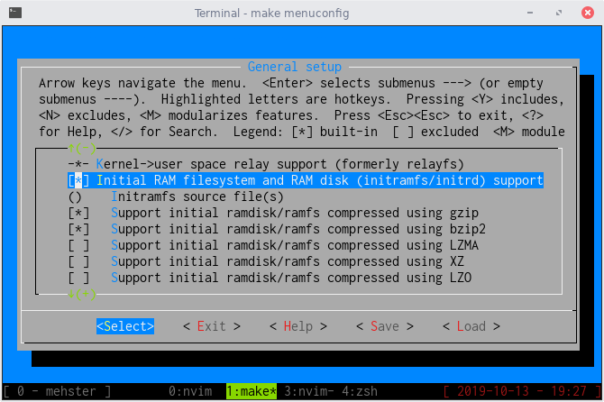 The Linux menu to configure the build